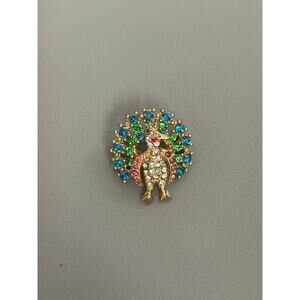 Vintage MiniaturePeacock Pin with Colorful Rhinestones Brooch